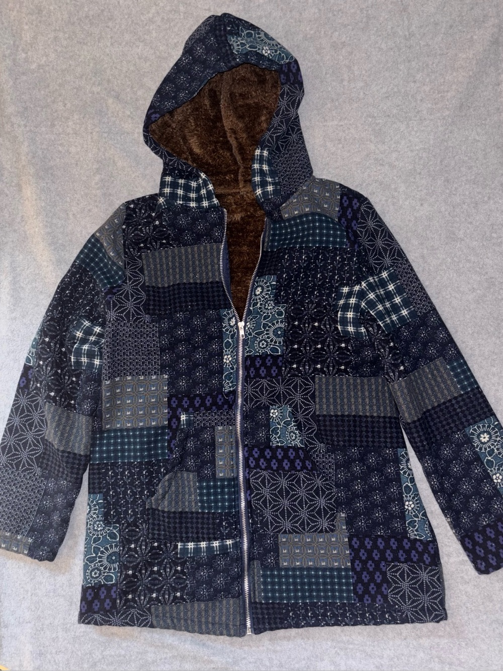Boho Patchwork Faux Fur Lined Zip Hoodie Jacket